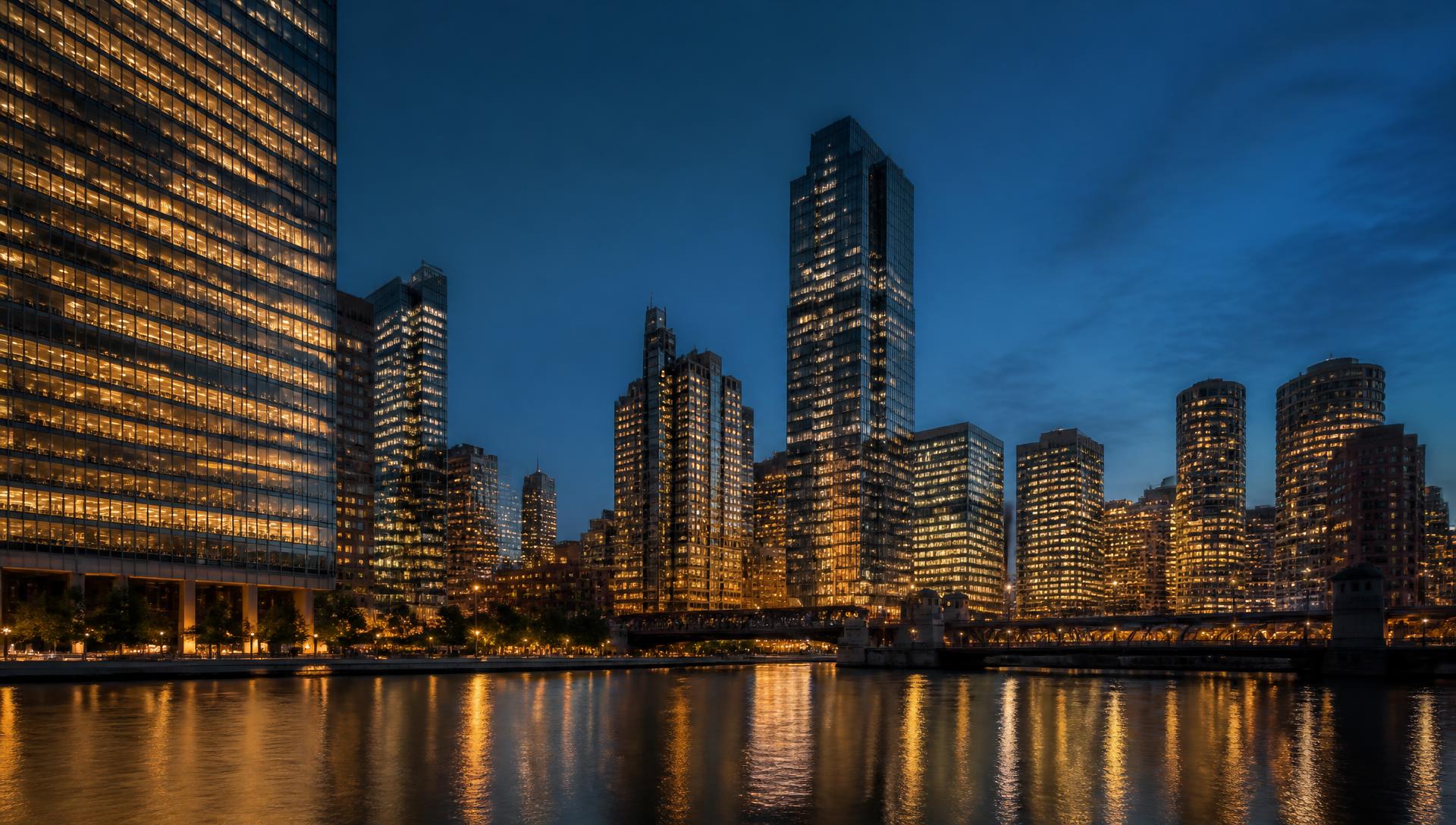 Downtown business district at dusk